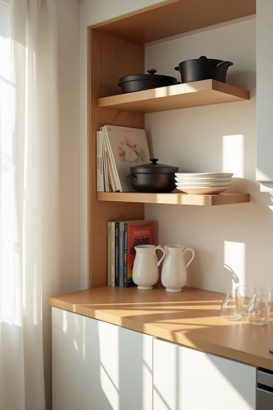 Cabinet with lower fixed shelf holding cookbooks and cast iron, upper adjustable shelf with pin holes supporting bowls and