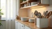 Disorganized kitchen cabinet with stacked plates, loose utensils, canned goods, and wasted vertical space.
