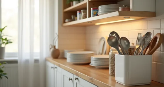 Disorganized kitchen cabinet with stacked plates, loose utensils, canned goods, and wasted vertical space.