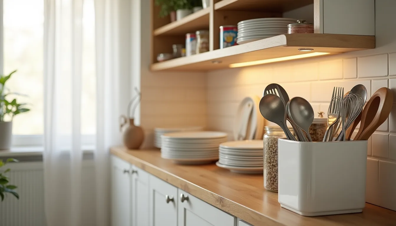 Disorganized kitchen cabinet with stacked plates, loose utensils, canned goods, and wasted vertical space.