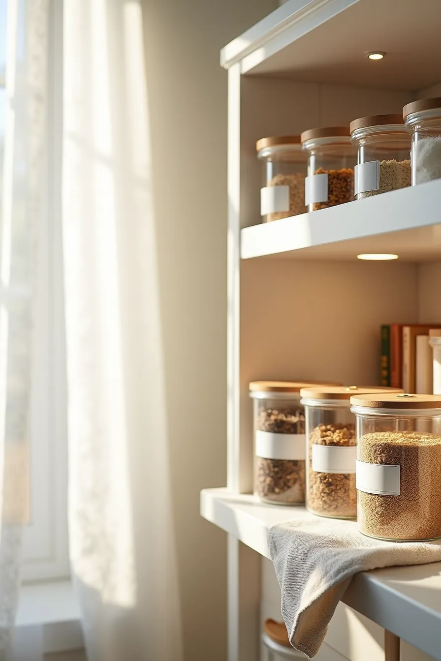 Cabinet shelf with labeled clear containers of dry goods, microfiber cloth, and visible weight limit placard.
