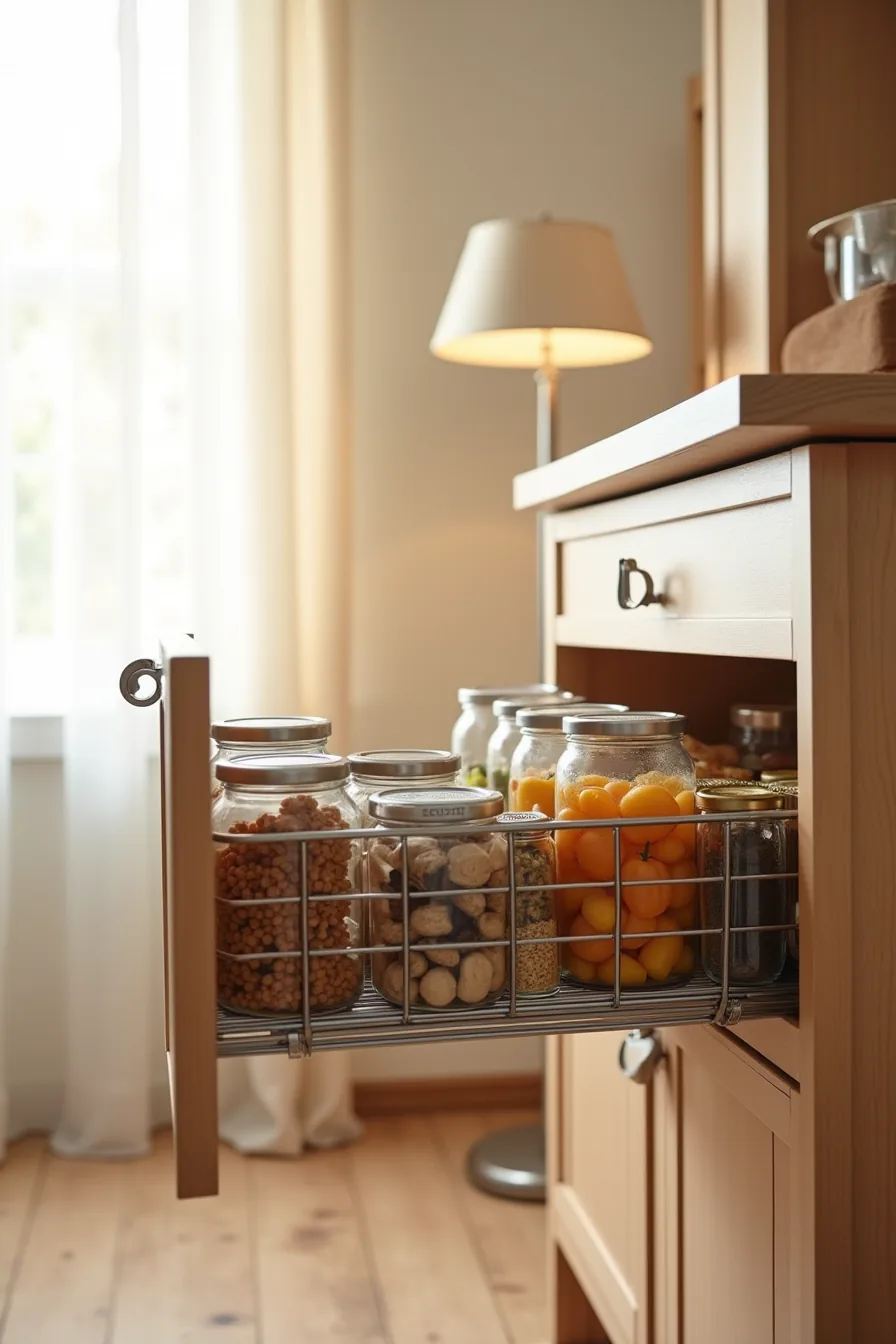 Pull-out wire basket extended from cabinet showing nested food containers and jars with open cabinet door.