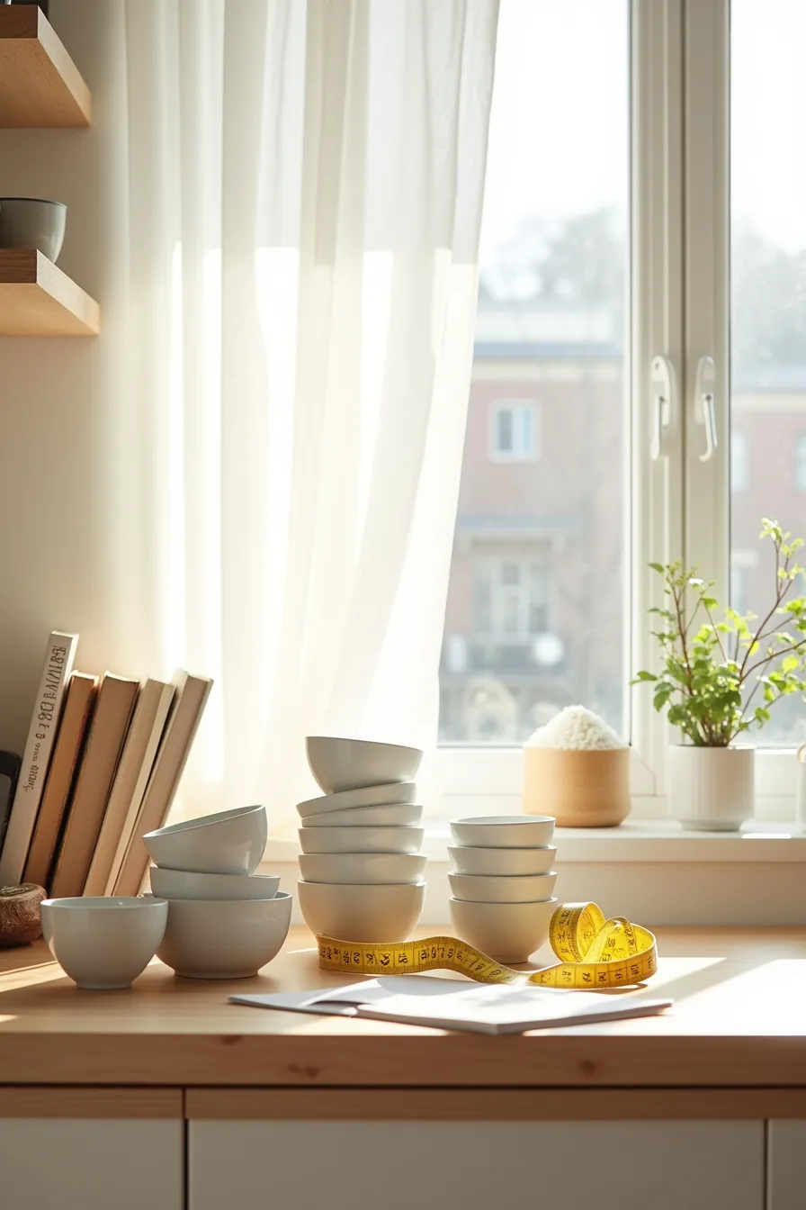 Kitchen counter organized into separate piles of measuring cups, mixing bowls, small appliances, and dry goods with