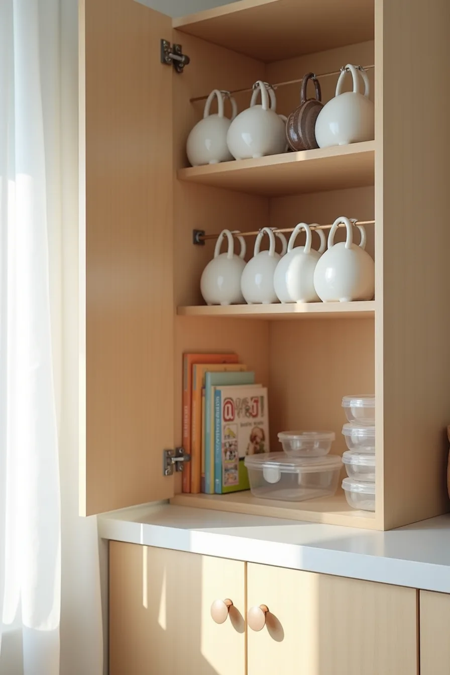 Cabinet shelf with adhesive liner, tension rod holding mugs, and stackable clear containers using no-drill installation