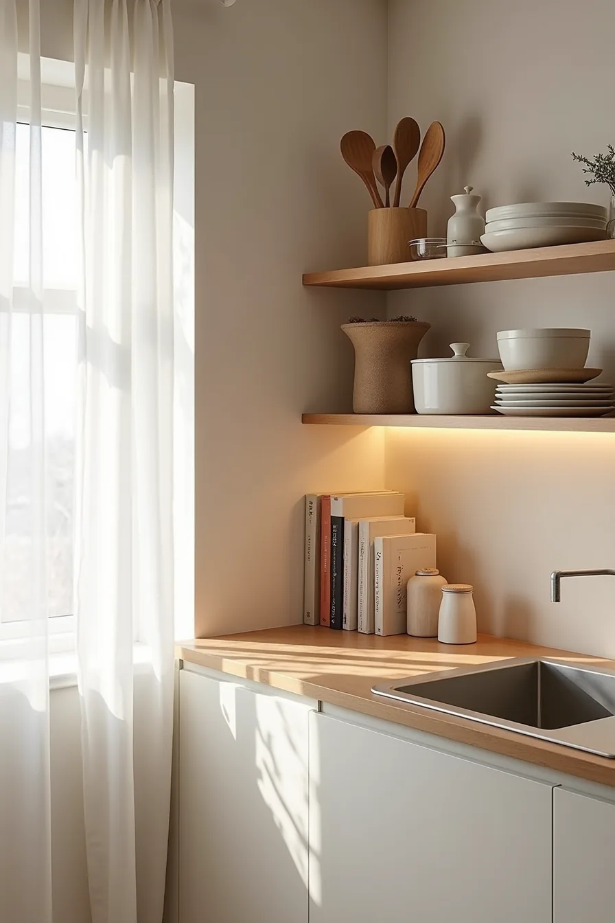 Three-shelf cabinet with everyday utensils and seasonings at eye level, baking tools above, large pots and serving dishes