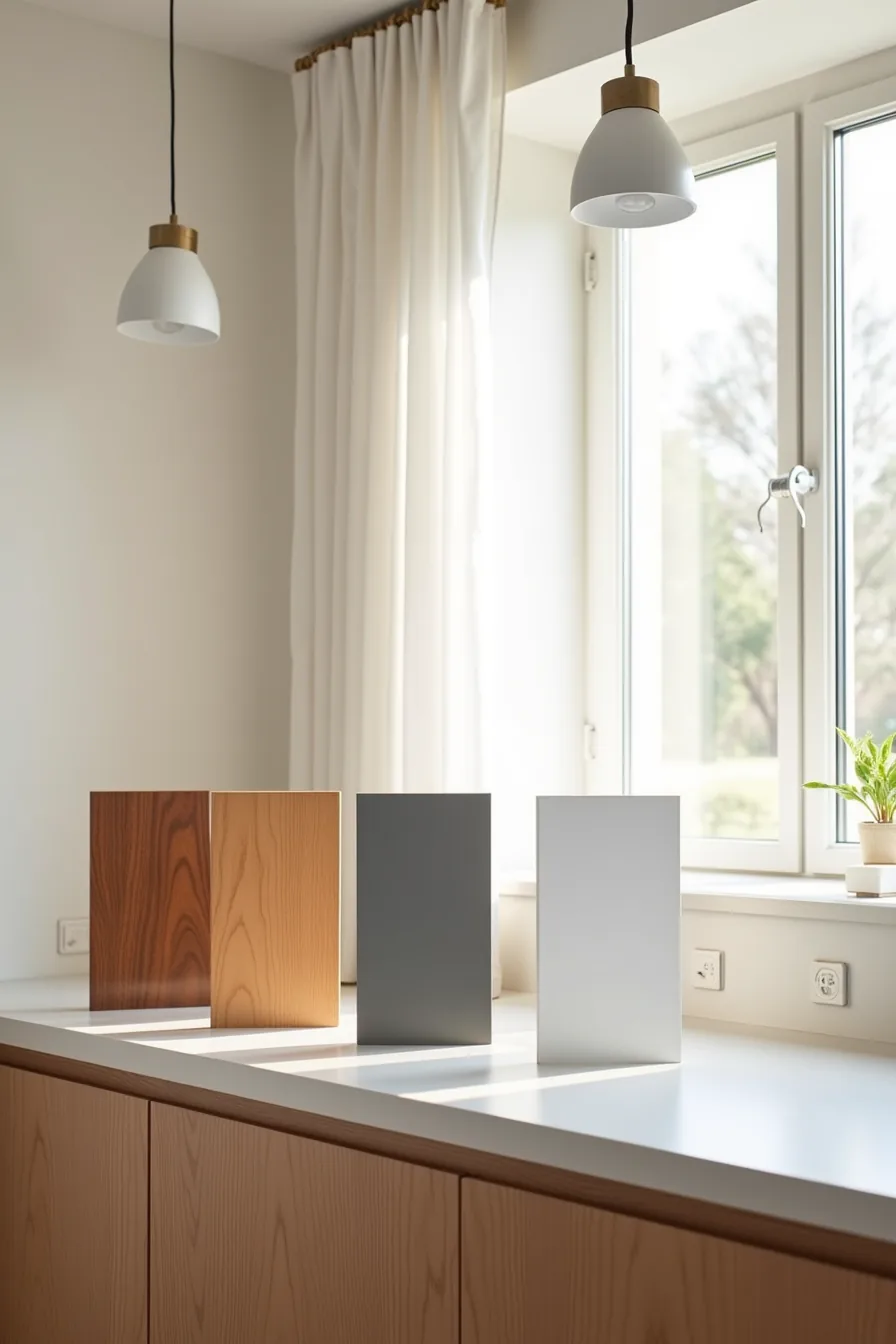 Four cabinet door finish samples displayed at eye level: natural oak, charcoal lacquer, cherry stain, and white thermofoil