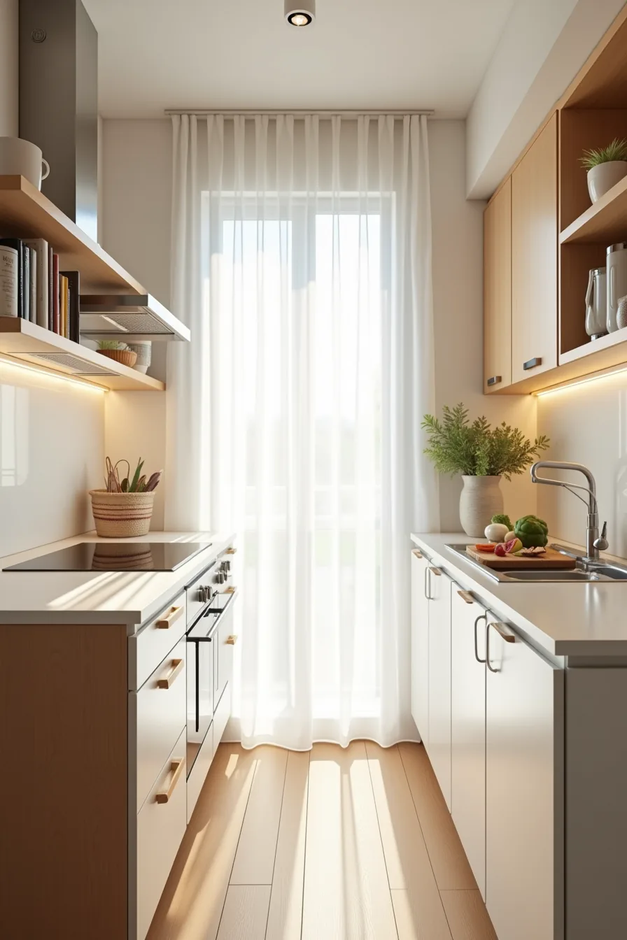 Narrow galley kitchen with shallow pull-out base cabinets, vertically stacked upper cabinets, corner carousel, and white