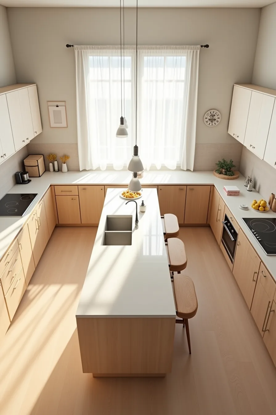 Overhead kitchen floor plan with L-shaped cabinetry, central 36-inch island with seating and prep sides, light oak finish