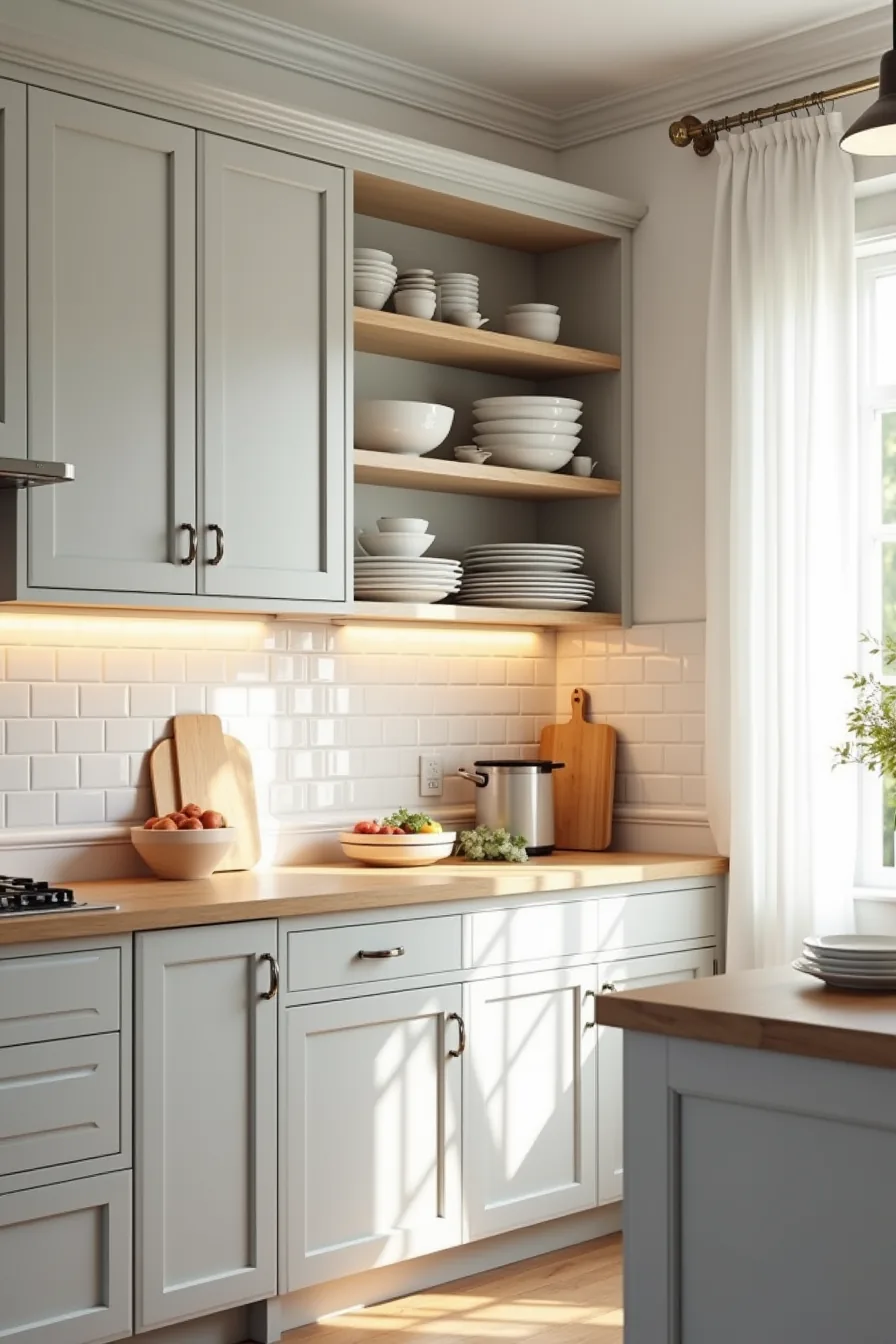 Pale gray floor-to-ceiling cabinets with open shelving below displaying serving bowls and baking sheets, crown molding, and