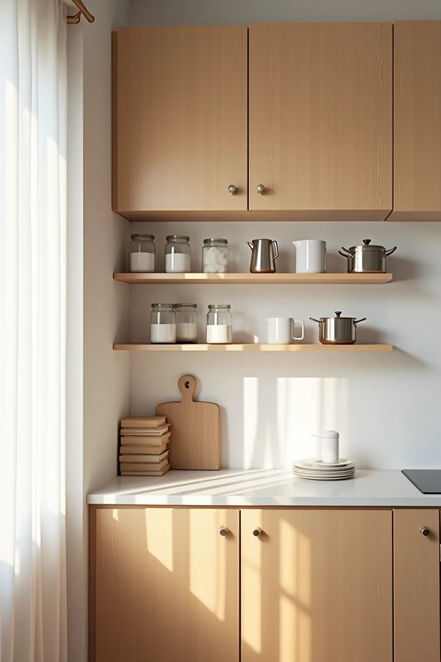 Warm wood open shelves with glass jars and ceramic mugs above three solid closed cabinet doors with recessed pulls.