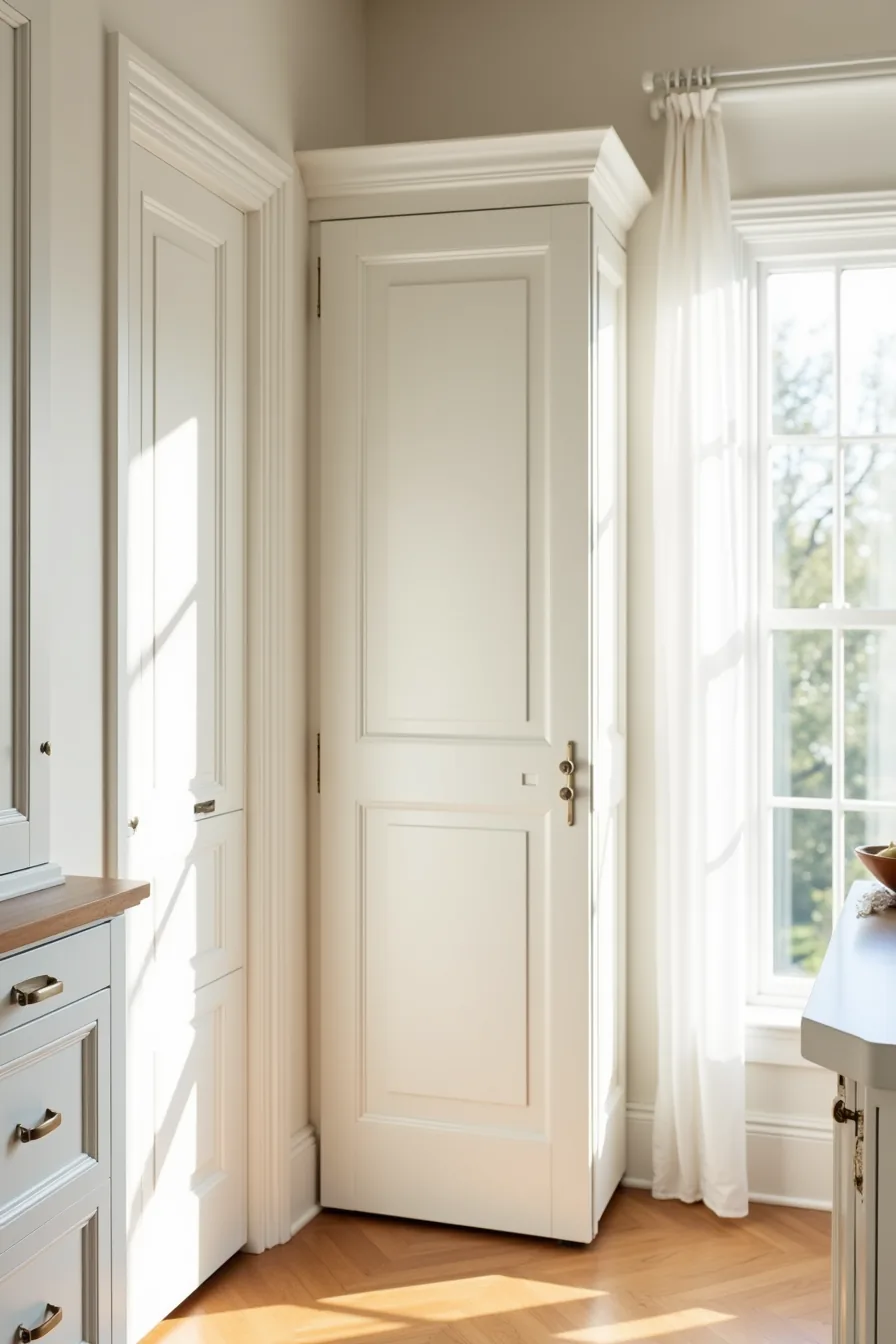 Three white cabinet door styles displayed side-by-side: raised frame-and-panel, flat slab, and five-piece Shaker design with