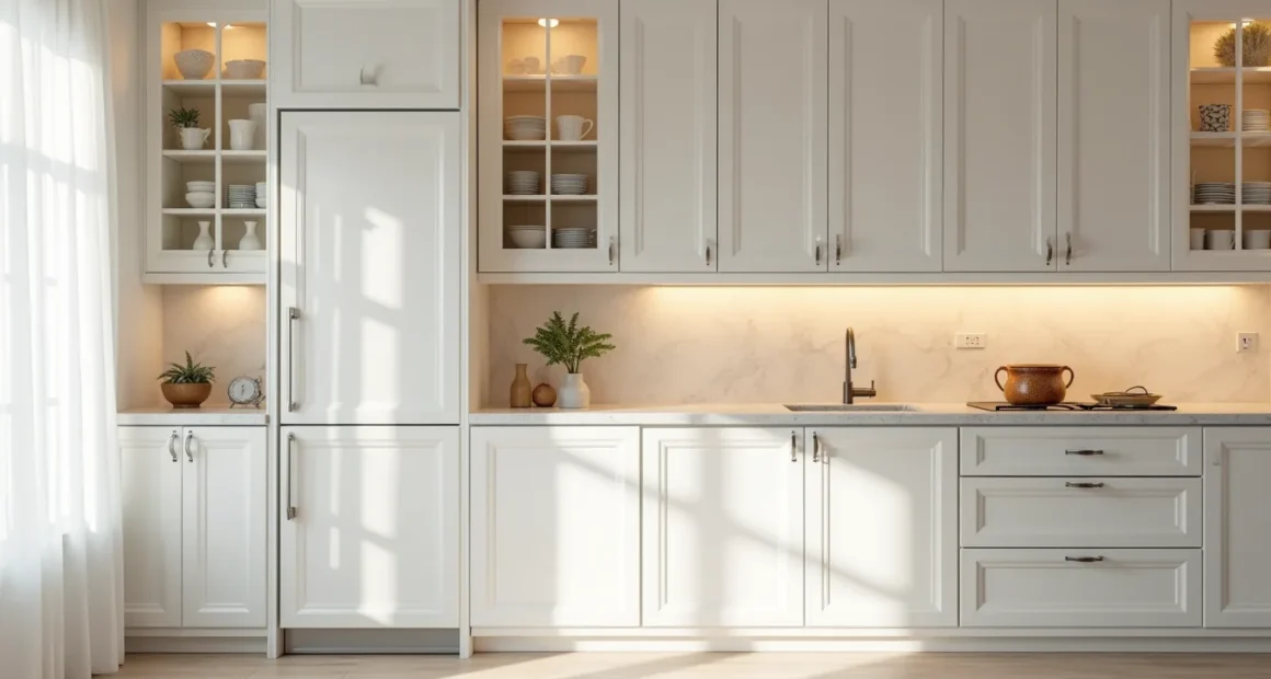 White floor-to-ceiling kitchen cabinets with glass-front upper doors, solid lower section, stainless steel handles, and