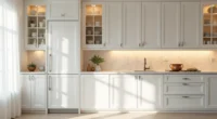 White floor-to-ceiling kitchen cabinets with glass-front upper doors, solid lower section, stainless steel handles, and