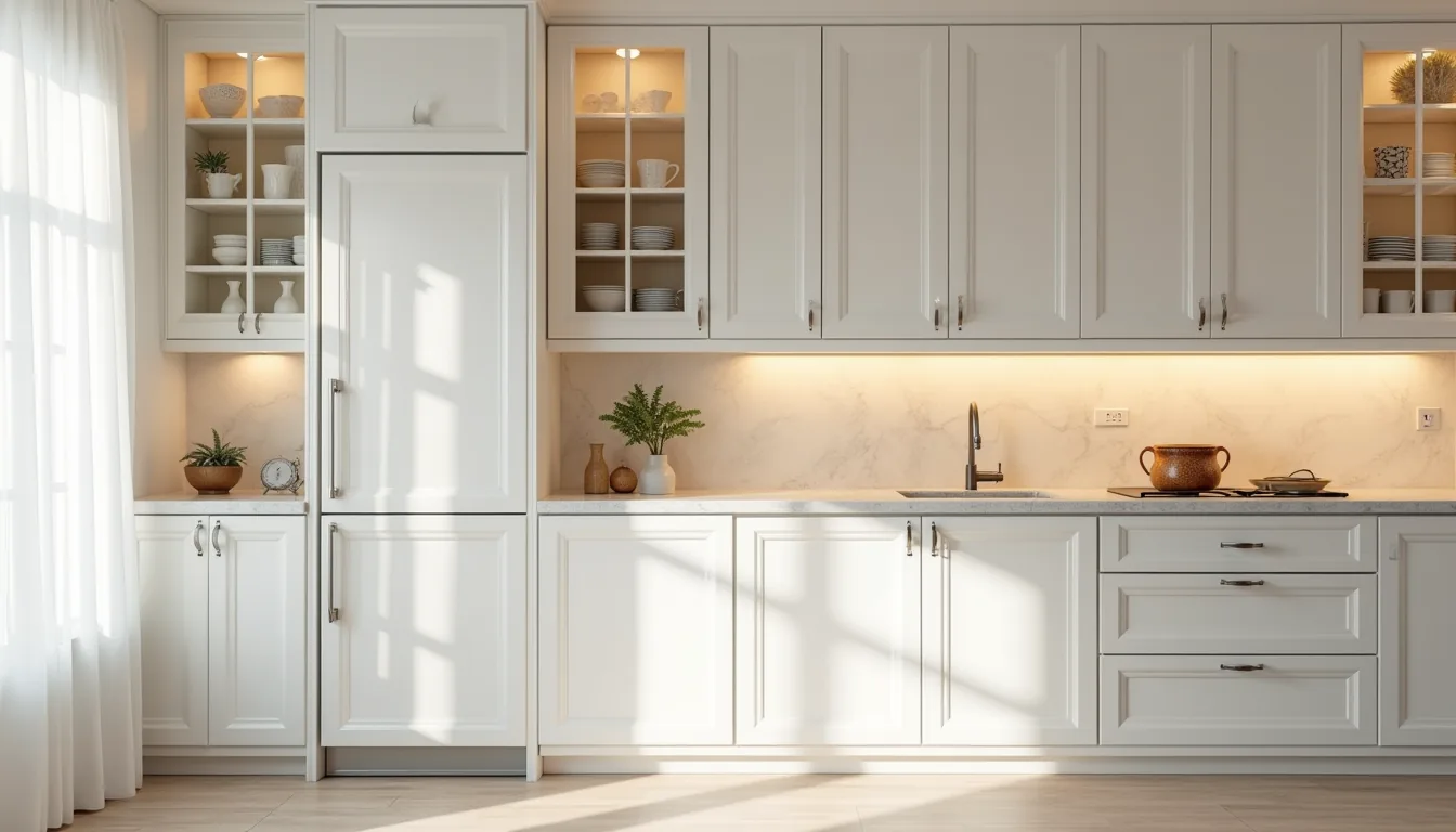 White floor-to-ceiling kitchen cabinets with glass-front upper doors, solid lower section, stainless steel handles, and