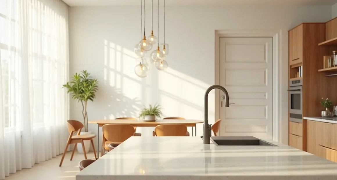 Overhead view showing a kitchen island with bar stools on one side, open counter on the other, and a dining table beyond