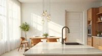 Overhead view showing a kitchen island with bar stools on one side, open counter on the other, and a dining table beyond