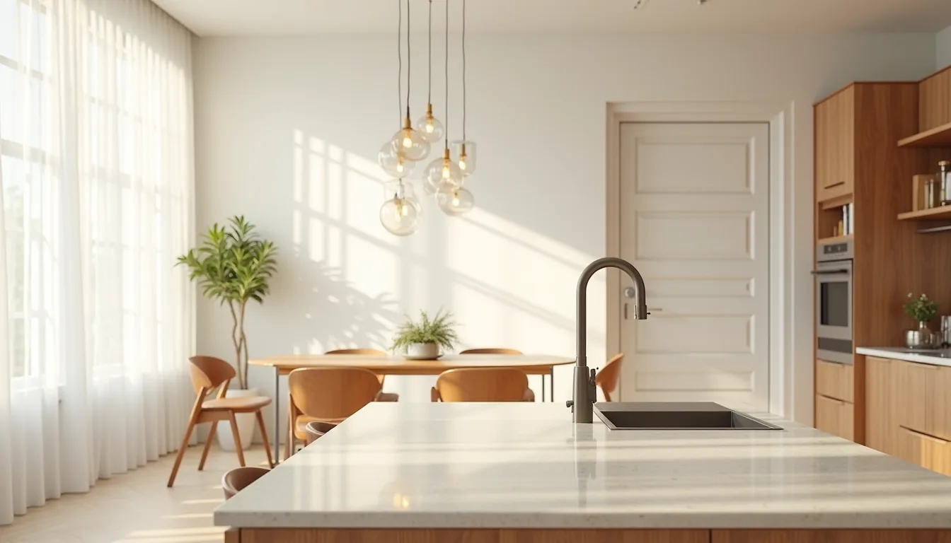 Overhead view showing a kitchen island with bar stools on one side, open counter on the other, and a dining table beyond