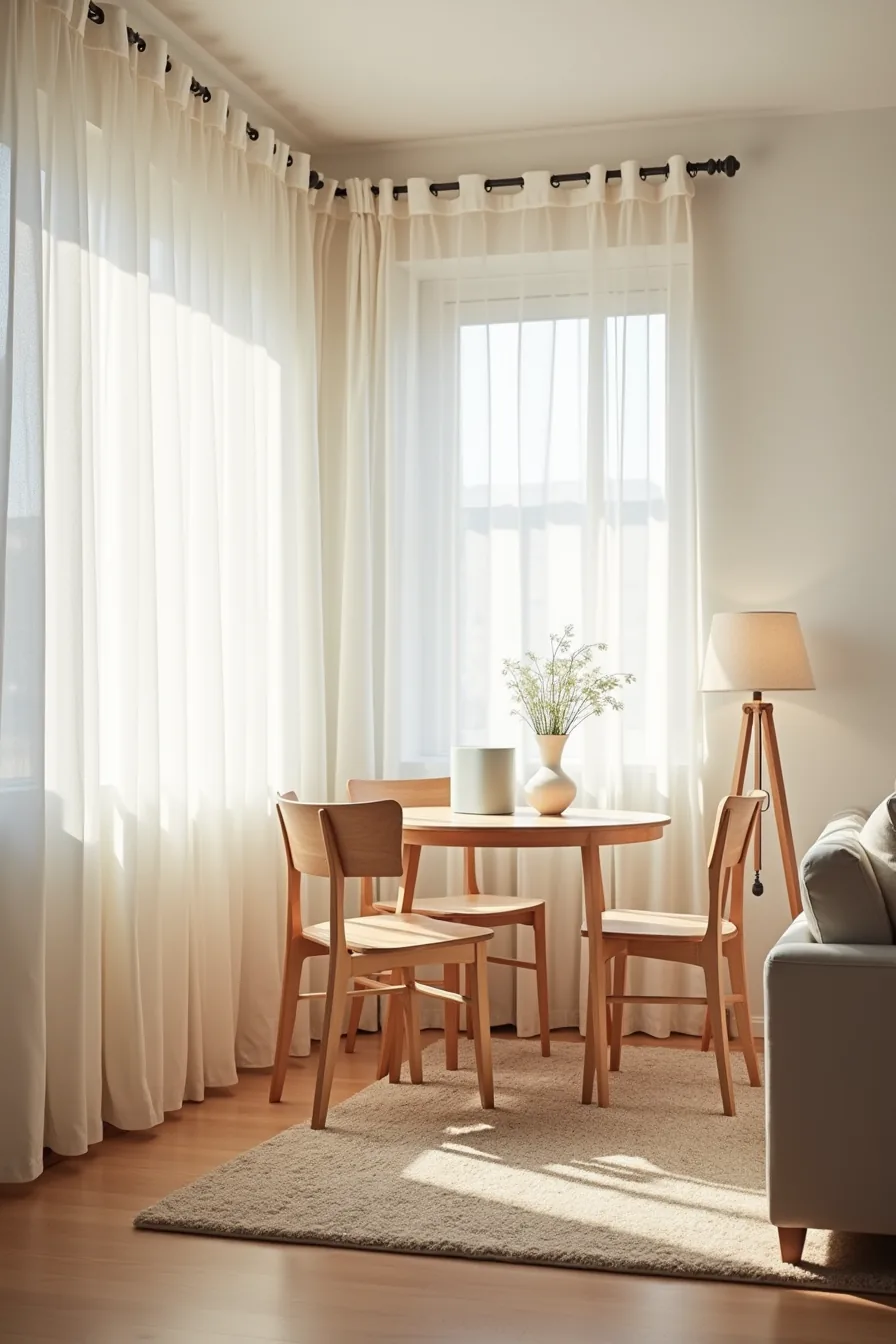 Corner view of a modular dining set with wooden chairs, budget area rug, and retail sofa, showing an affordable and