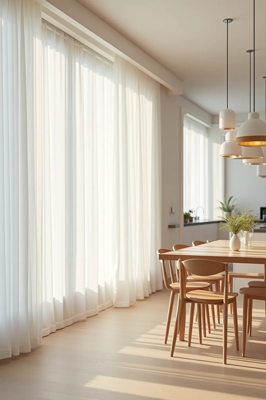 View from dining area toward kitchen showing white ceiling, aligned pendant lights, neutral walls, and continuous flooring