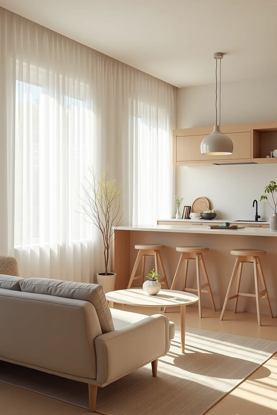 Wide view showing a sofa back with area rug and coffee table in foreground, kitchen counter and stools visible beyond
