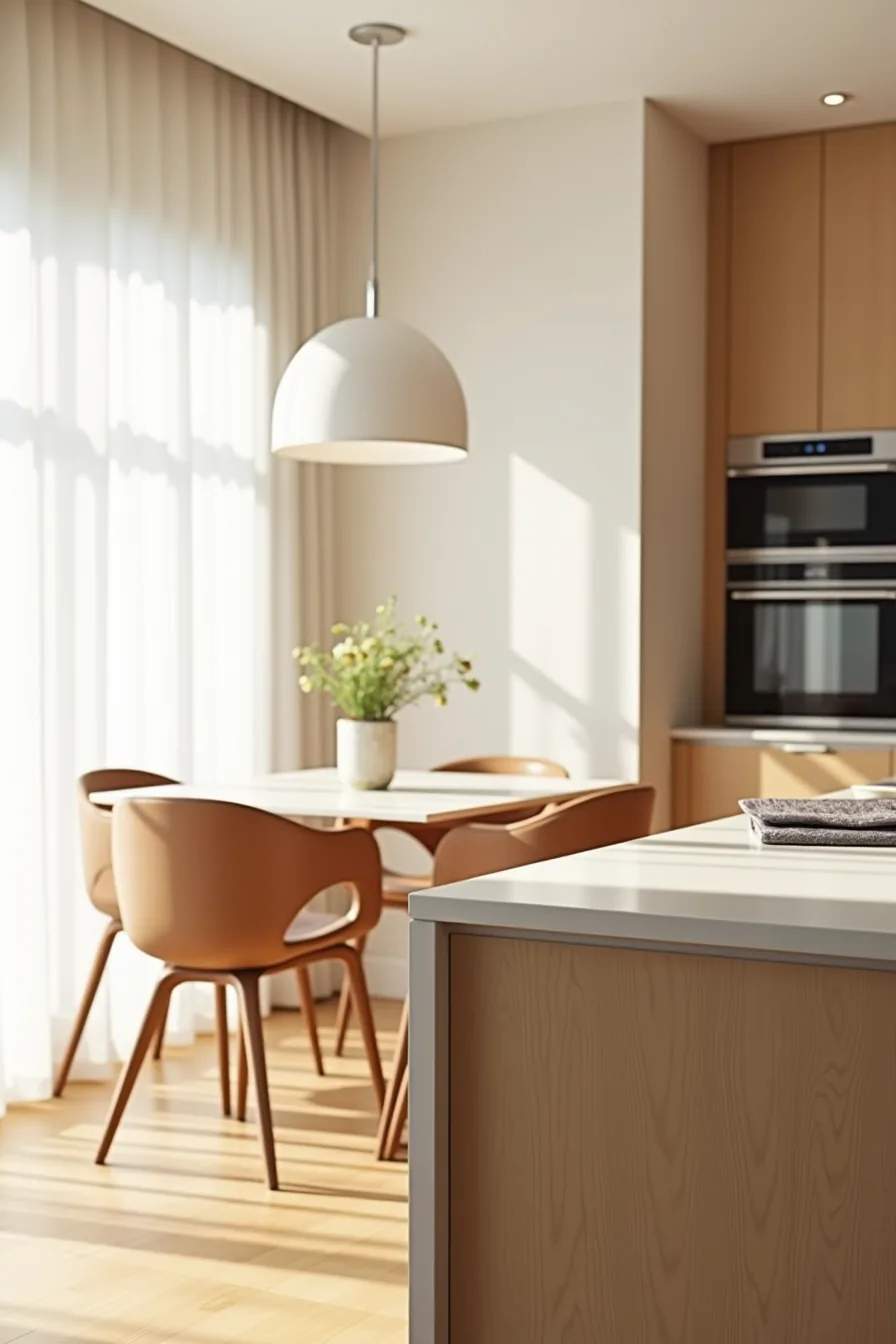 Side view of a waterfall-edge island with a place setting, dining chairs visible beyond, and kitchen appliances softly