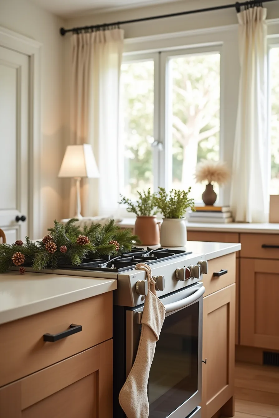 Cluttered kitchen island with holiday decor blocking cooktop access, garland near heat, and stockings covering drawer pulls.