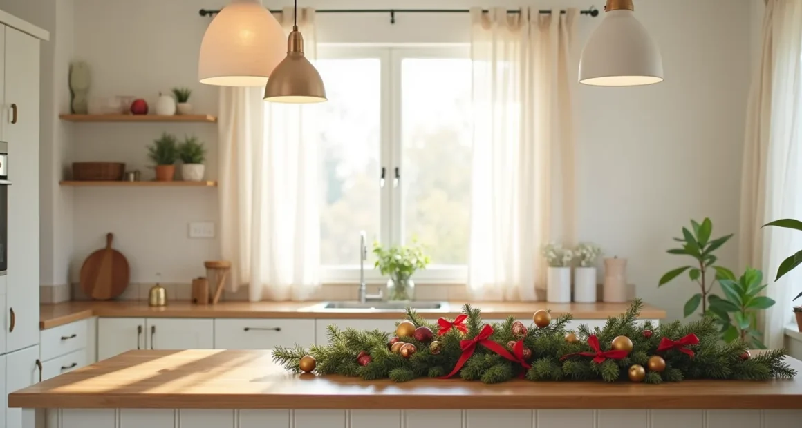 Kitchen island decorated with evergreen garland, red ribbon, and gold ornaments viewed from directly above.