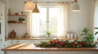 Kitchen island decorated with evergreen garland, red ribbon, and gold ornaments viewed from directly above.