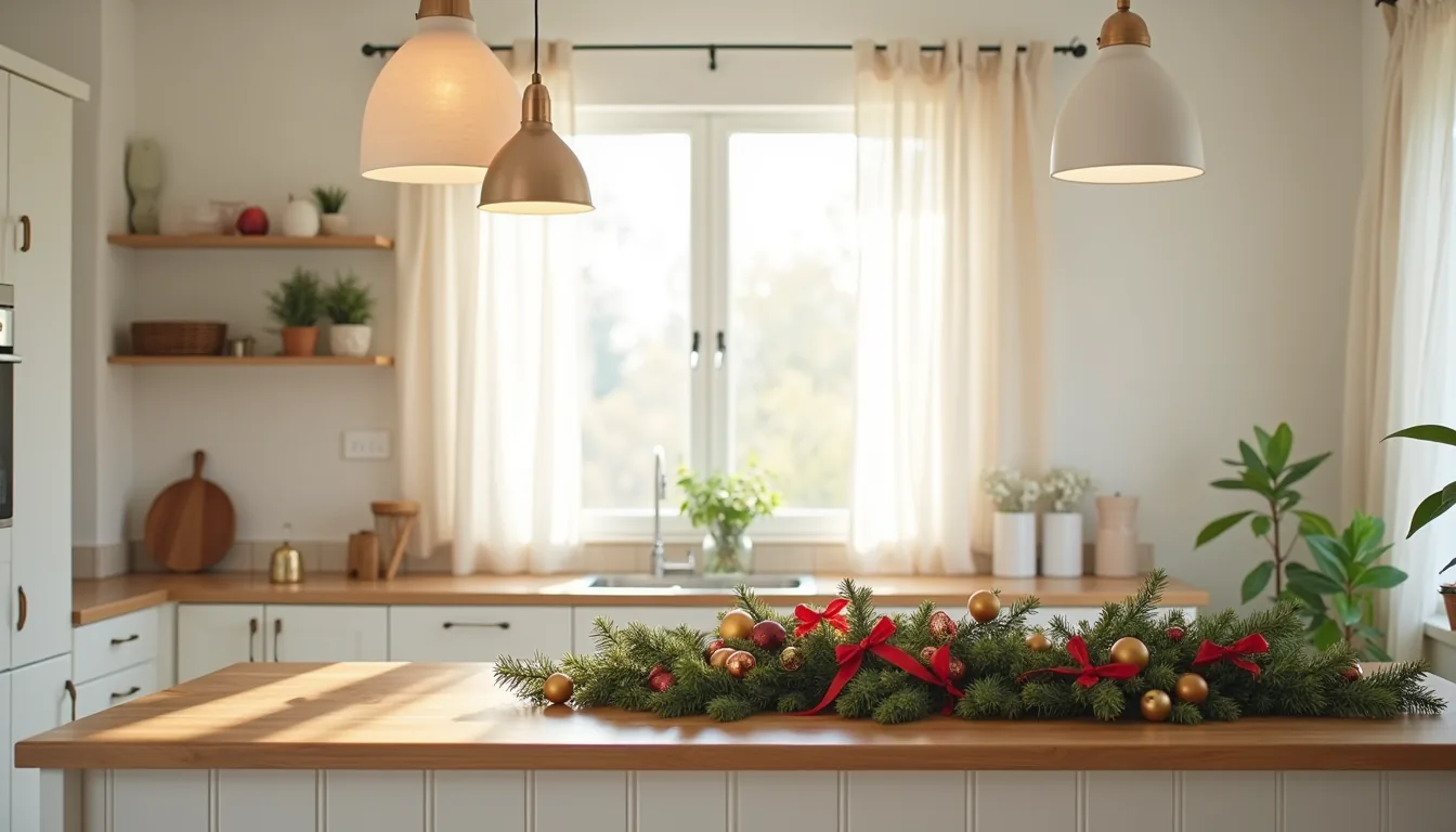 Kitchen island decorated with evergreen garland, red ribbon, and gold ornaments viewed from directly above.