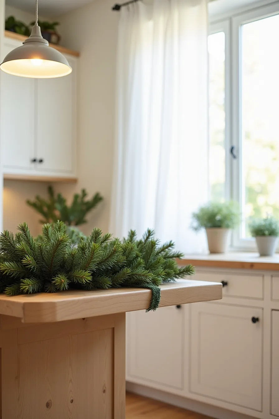 Fresh pine garland wrapped around a wooden island post with floral wire, showing the securing technique.
