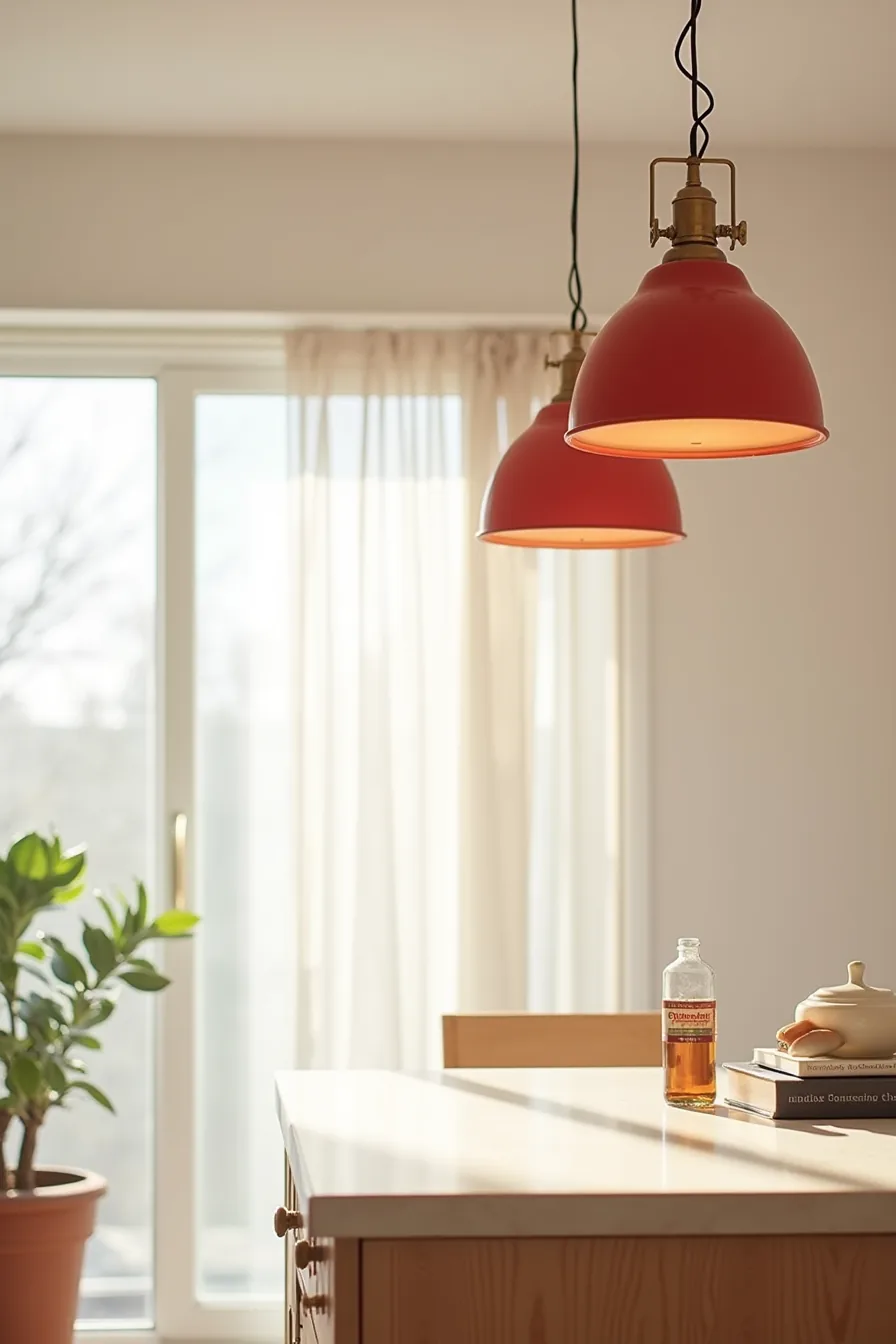 Pendant lights fitted with red fabric shades clipped over existing fixtures above a kitchen island.