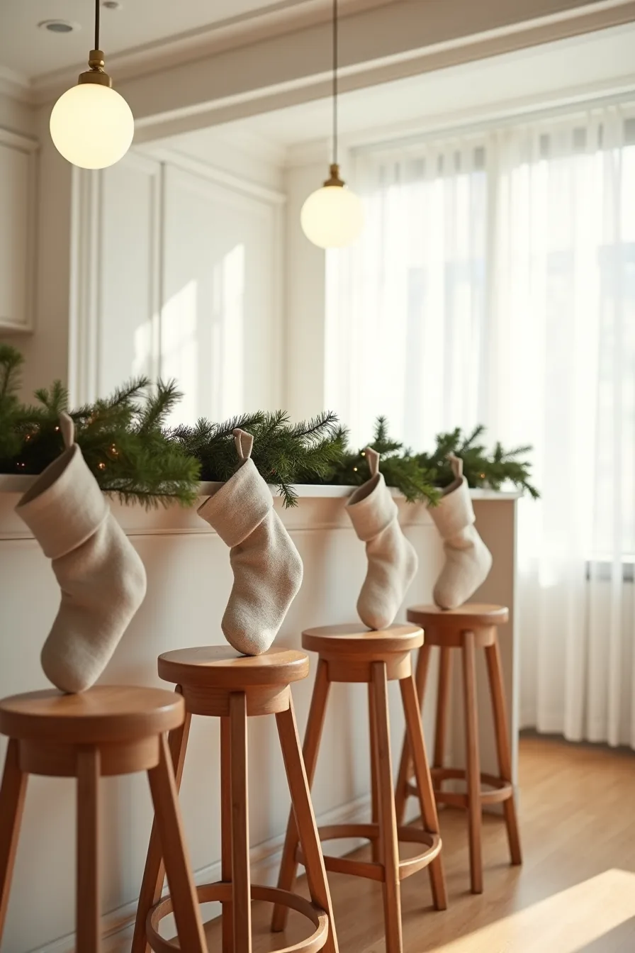 Four stockings hung from adhesive hooks on an island railing with garland draped between them and stools below.