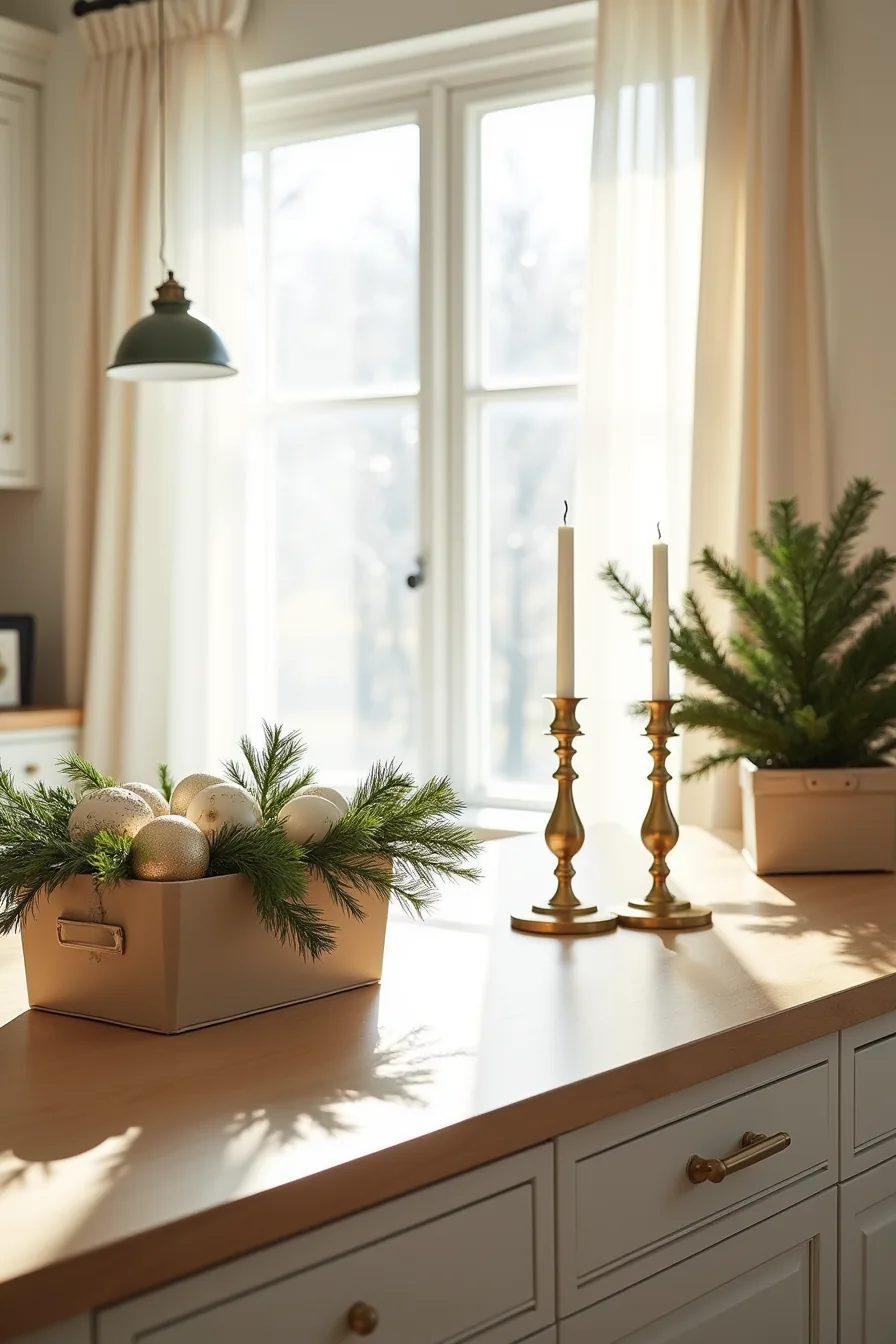 Island surface split between storage bins with plastic ornaments and paper garland on one side, brass candlesticks and real
