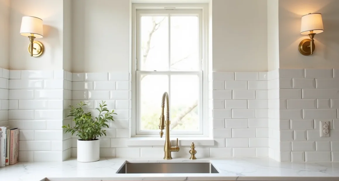 Two brass sconces flank a small window above a stainless steel sink with white subway tiles and marble countertop.