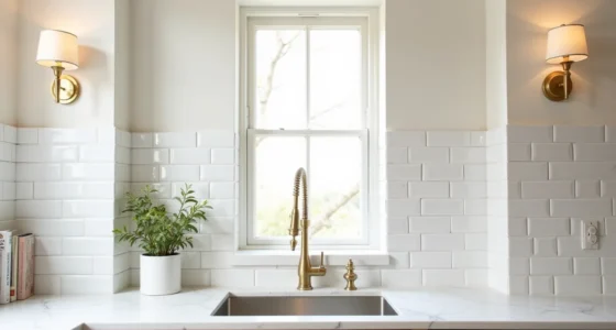 Two brass sconces flank a small window above a stainless steel sink with white subway tiles and marble countertop.