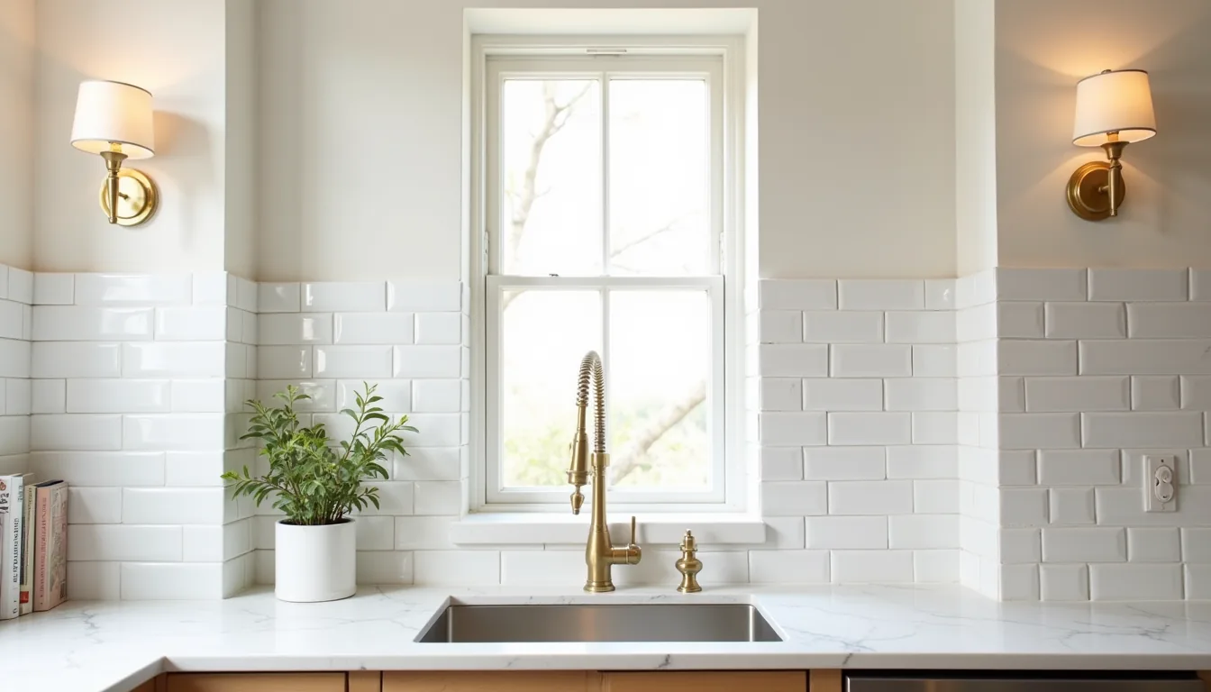 Two brass sconces flank a small window above a stainless steel sink with white subway tiles and marble countertop.