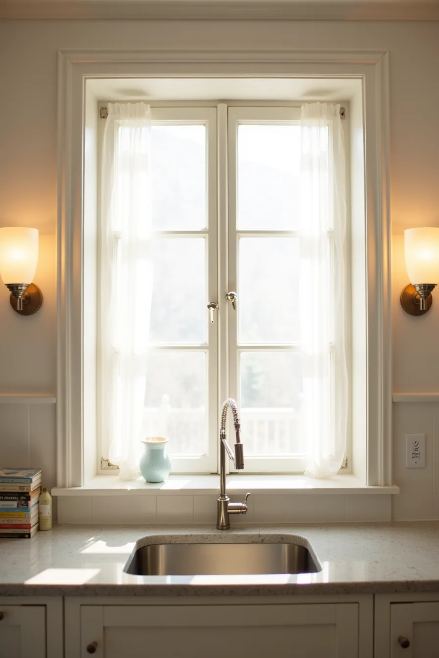 Two frosted-glass sconces flank a multi-pane window above a stainless steel sink with granite countertop and white trim.