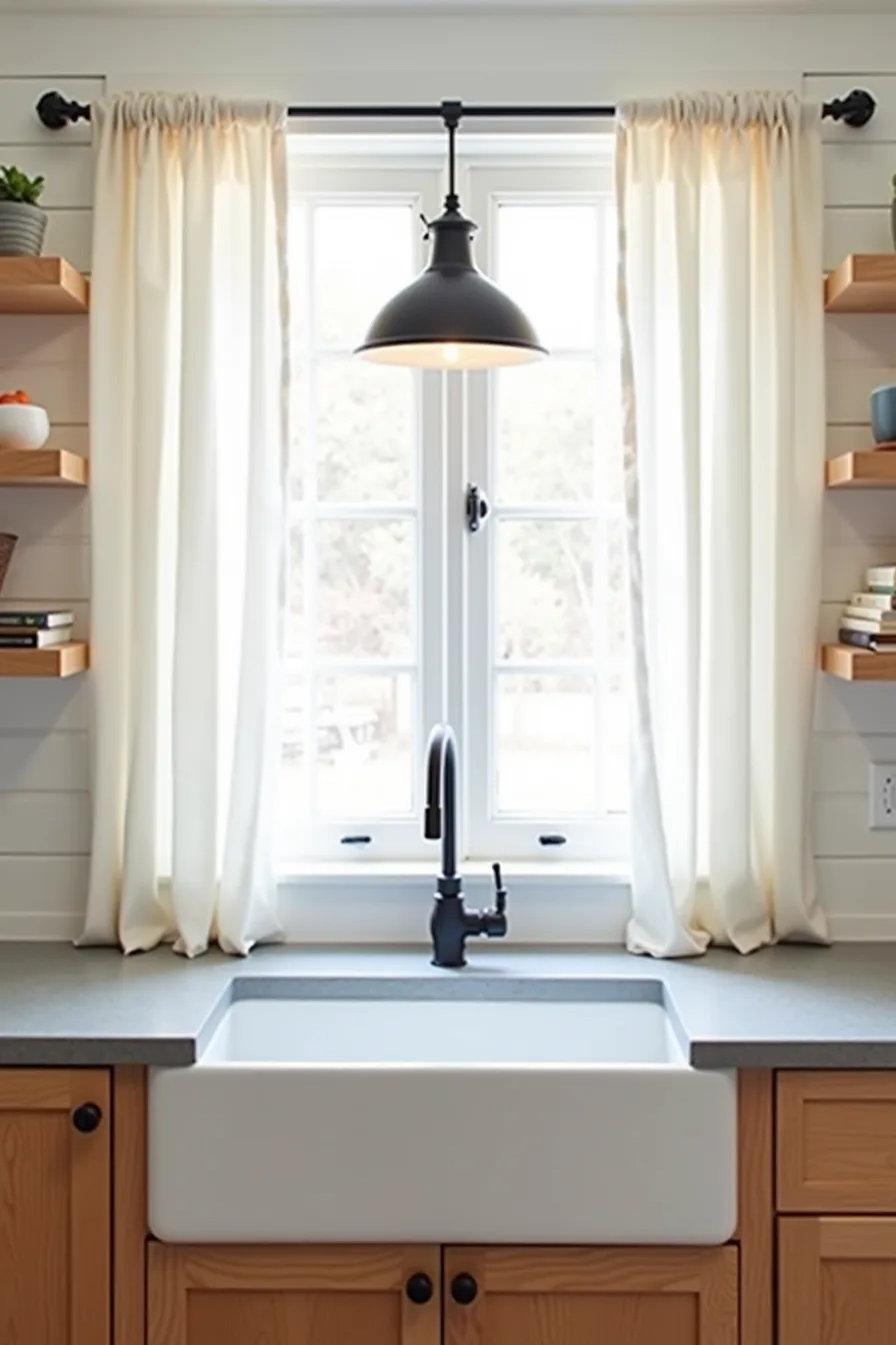 A matte black schoolhouse sconce hangs centered above a farmhouse sink on a shiplap wall with wooden cabinets.