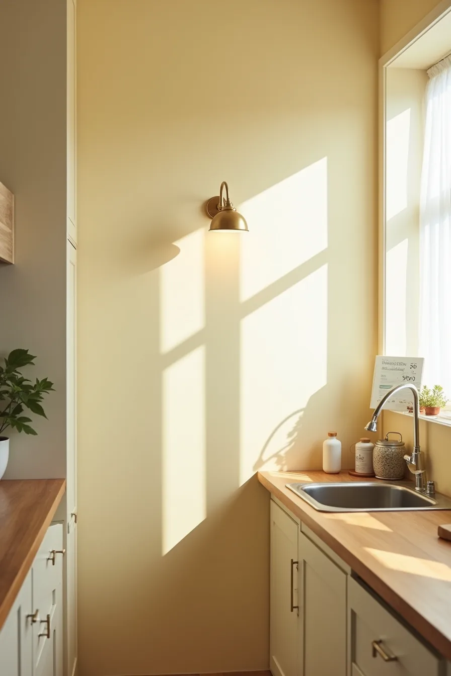 A petite brass sconce mounted above a compact stainless steel sink on a pale yellow wall in a narrow galley kitchen.