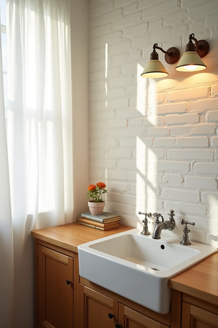 Two cream enamel schoolhouse sconces with aged copper pipes hang above a cast-iron sink on an exposed brick wall.