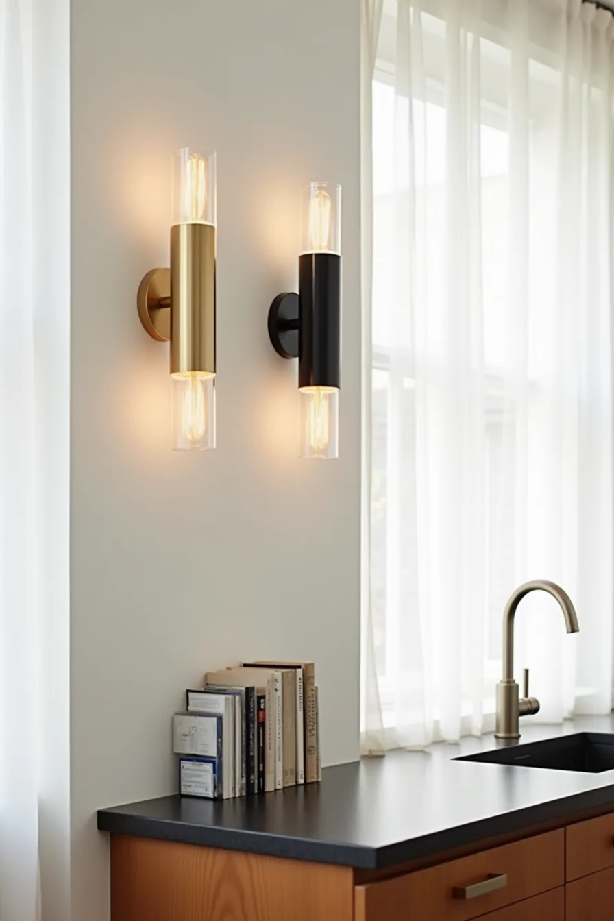 Three glass-cylinder sconces in brushed brass, matte black, and polished stainless steel mounted on a white wall.