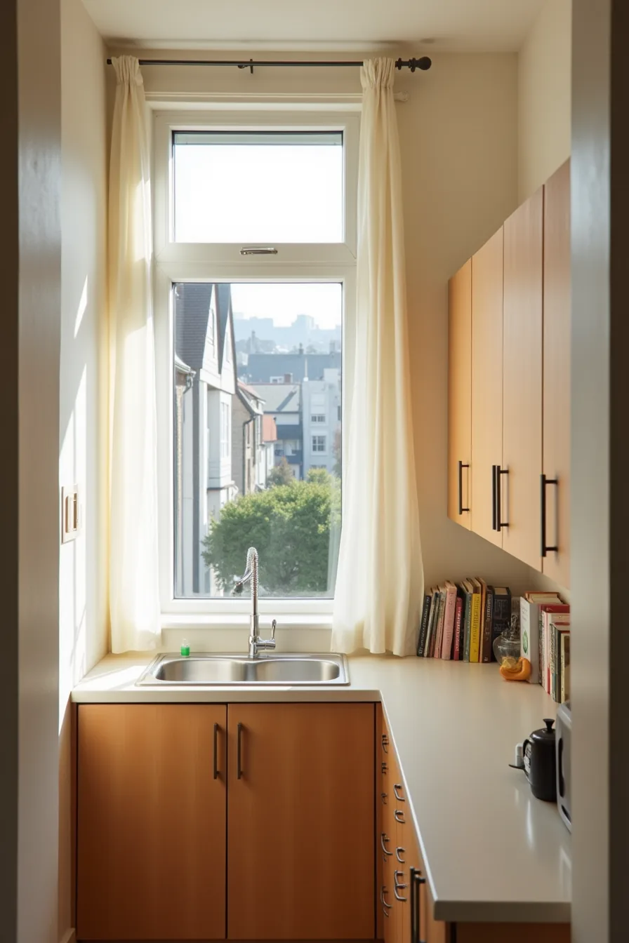 Narrow galley kitchen with an uncovered window above the sink showing a residential street and neighboring houses beyond.