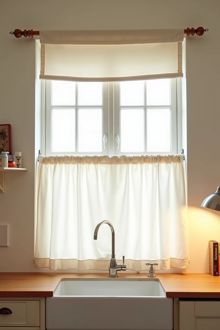 Kitchen window with cream linen cafe curtain on a wooden rod and sheer linen panel filtering soft light.