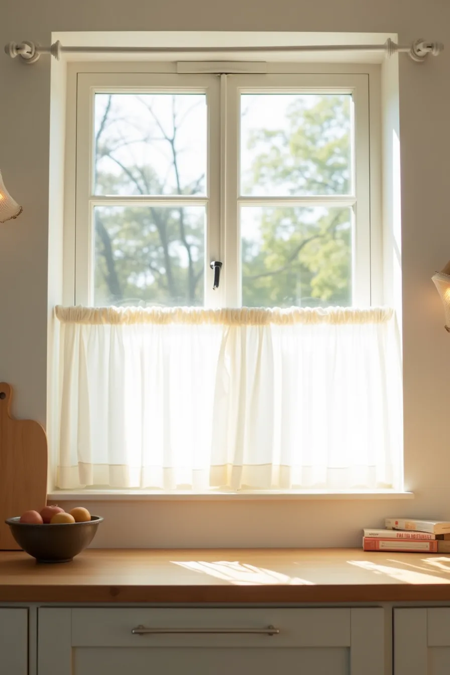 Café curtains hung at the window's midpoint reveal trees outside above a countertop with cutting board and mixing bowl.