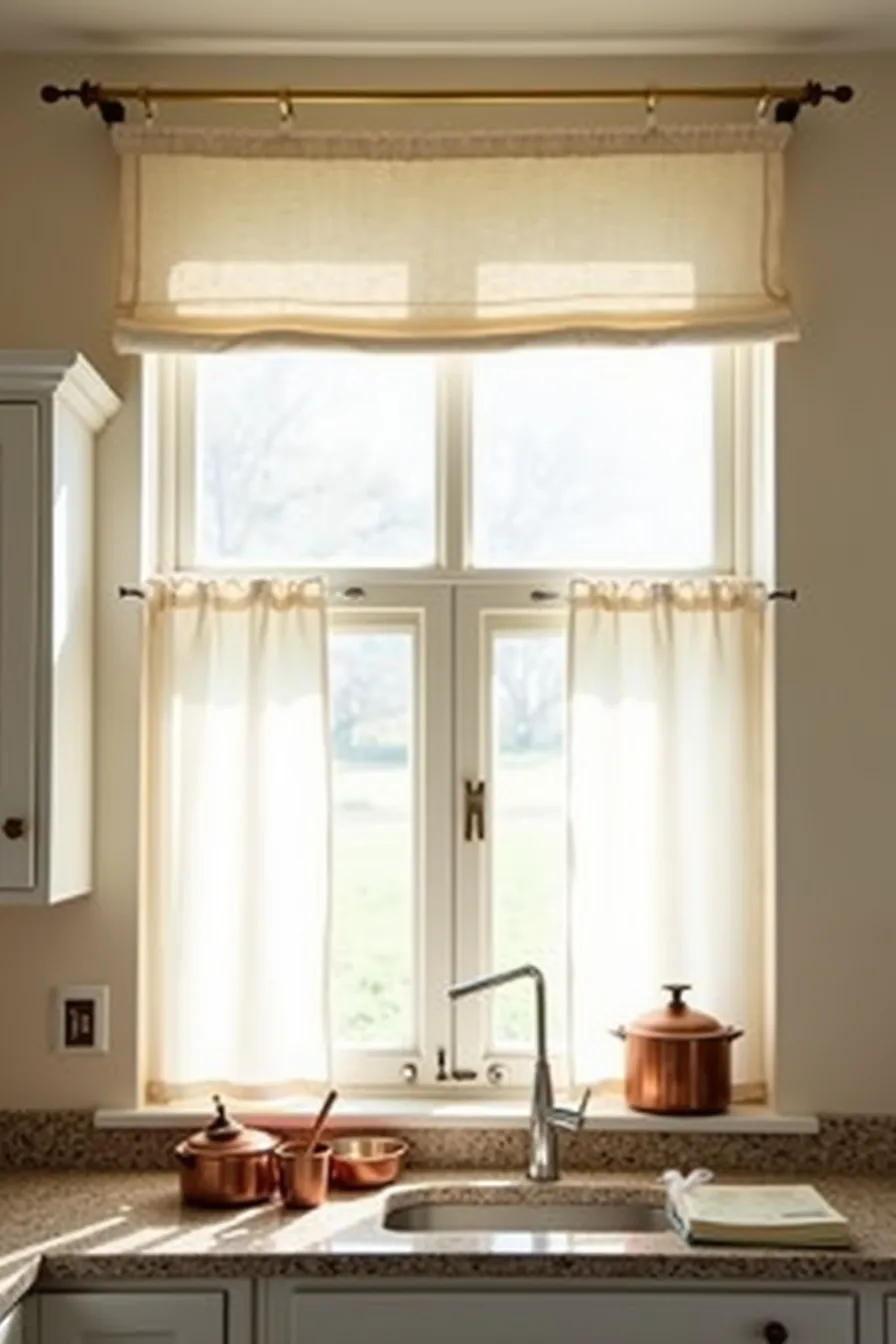 Layered sheer and cream linen panels hang from brass rods above a granite countertop with copper cookware.
