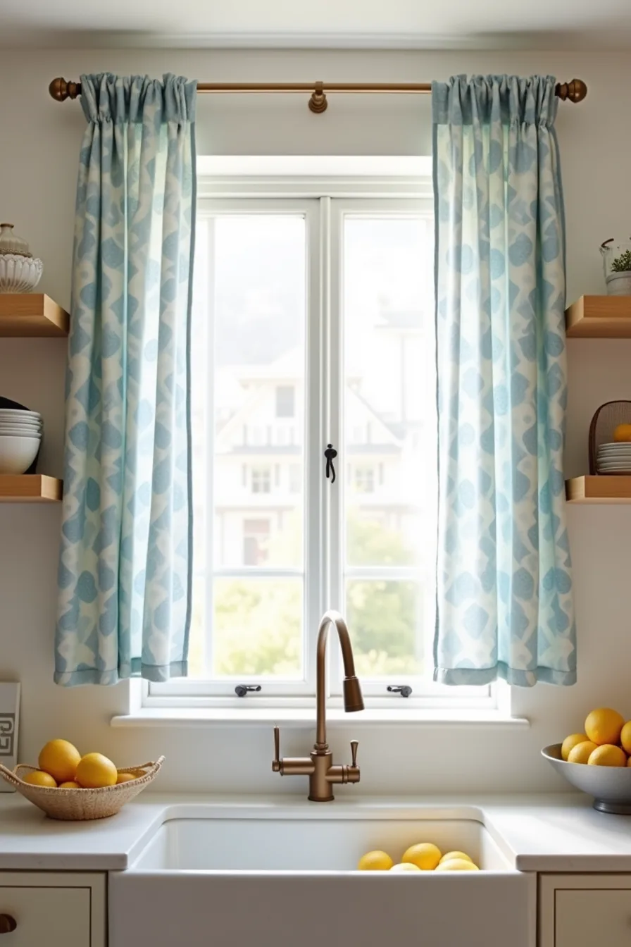 Blue and white patterned curtains frame a farmhouse sink filled with lemons, flanked by wooden shelves of white dishware.