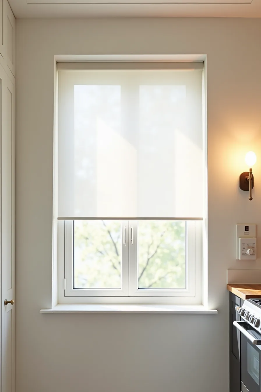 A motorized roller shade with wall-mounted control sits above white cabinetry and stainless steel kitchen appliances.