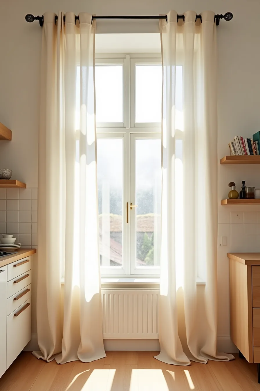 Floor-length natural linen curtains filter sunlight across a tiled backsplash beside an empty floating shelf.