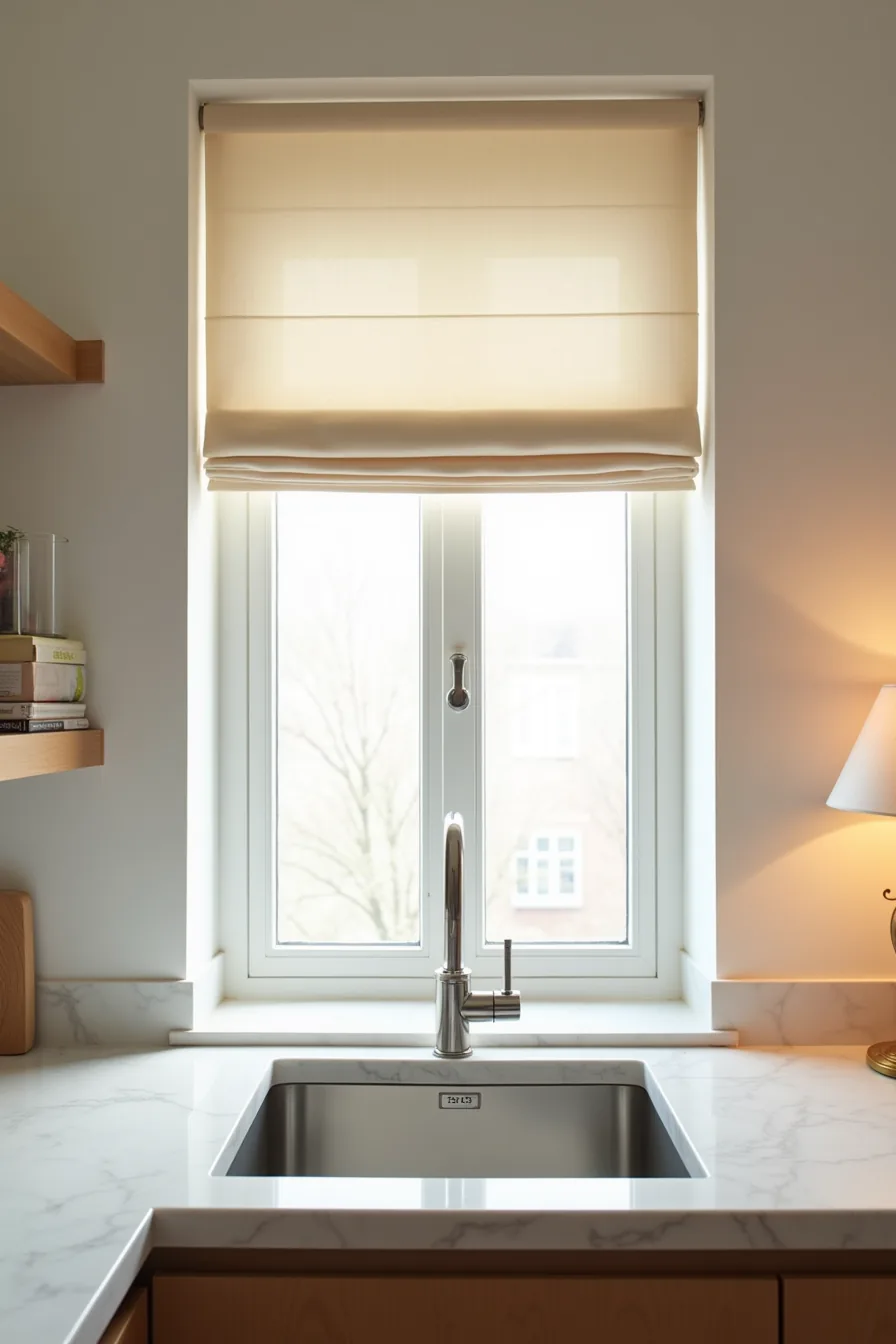 A raised neutral roman shade tops a small window above a narrow stainless steel sink and marble countertop.