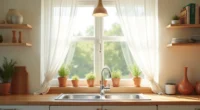 Sheer white curtains frame a kitchen window with potted herbs on the sill and a garden view beyond.